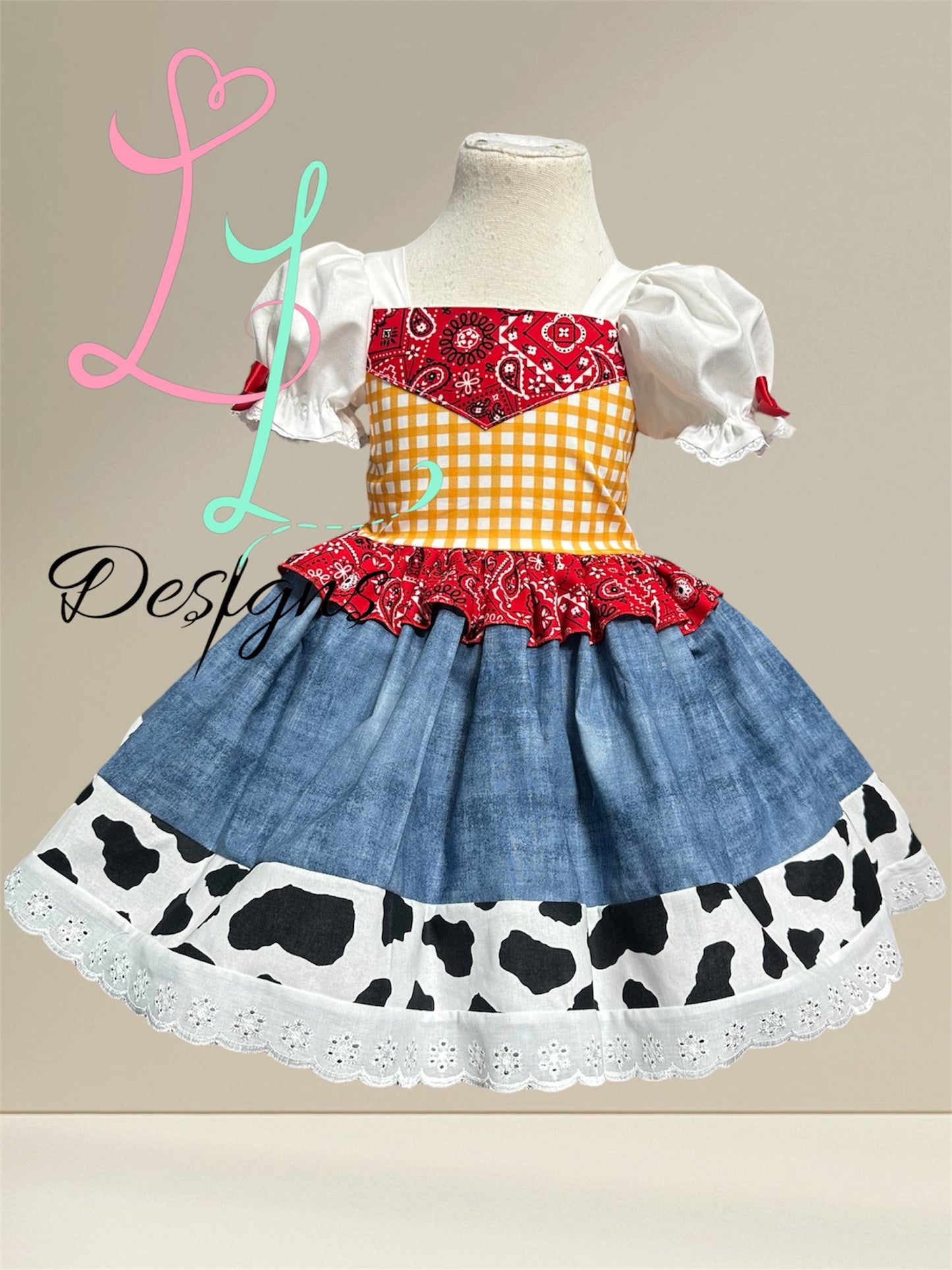 Western Cowgirl Boutique Dress – Yellow Bodice & Cow Print Skirt