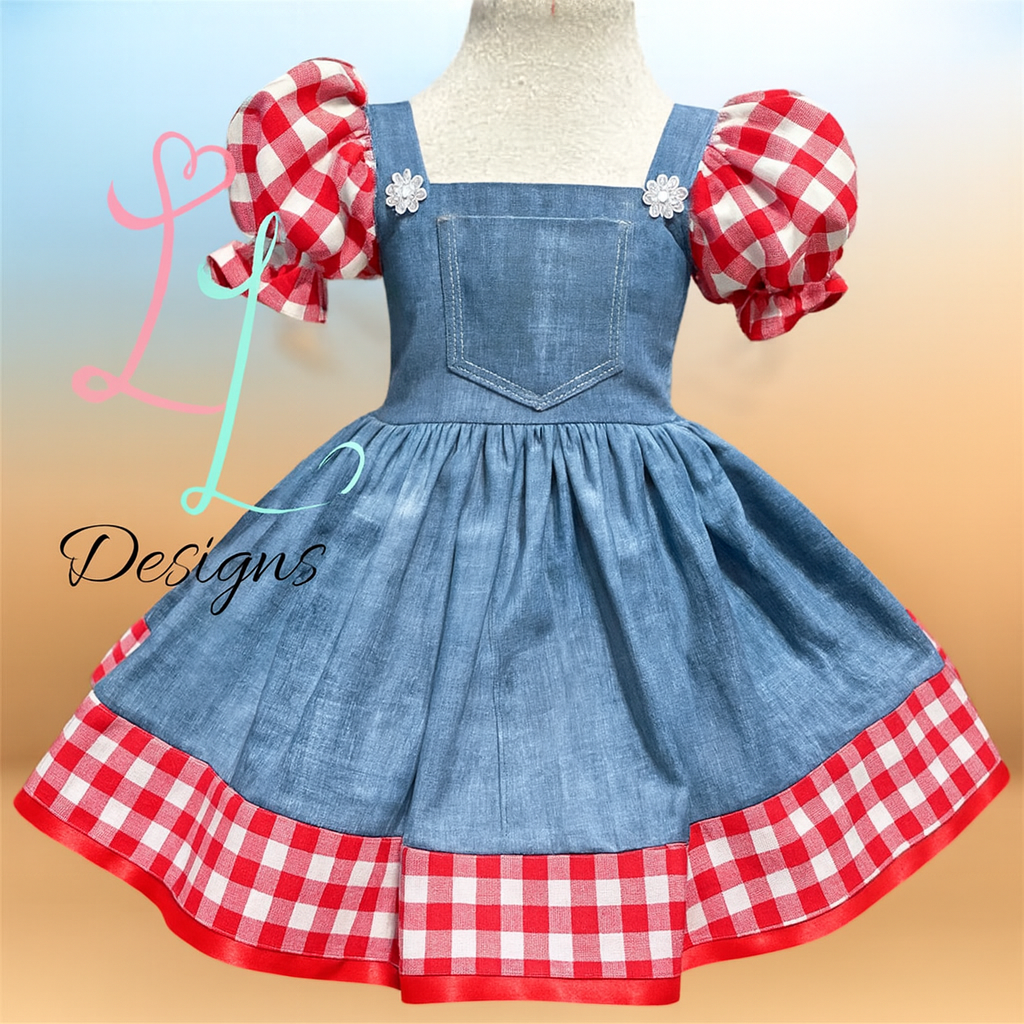 Western  Girls Denim Dress with Gingham Trim – Classic Country Style