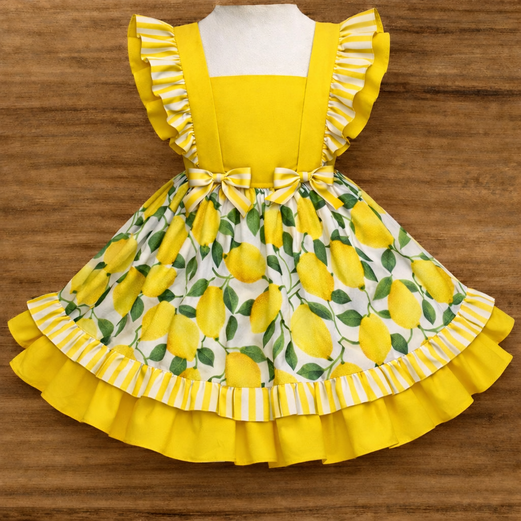 Lemon Summer Dress – Yellow Bodice, Lemon Skirt, Ruffle Hem – Girls Boutique Outfit