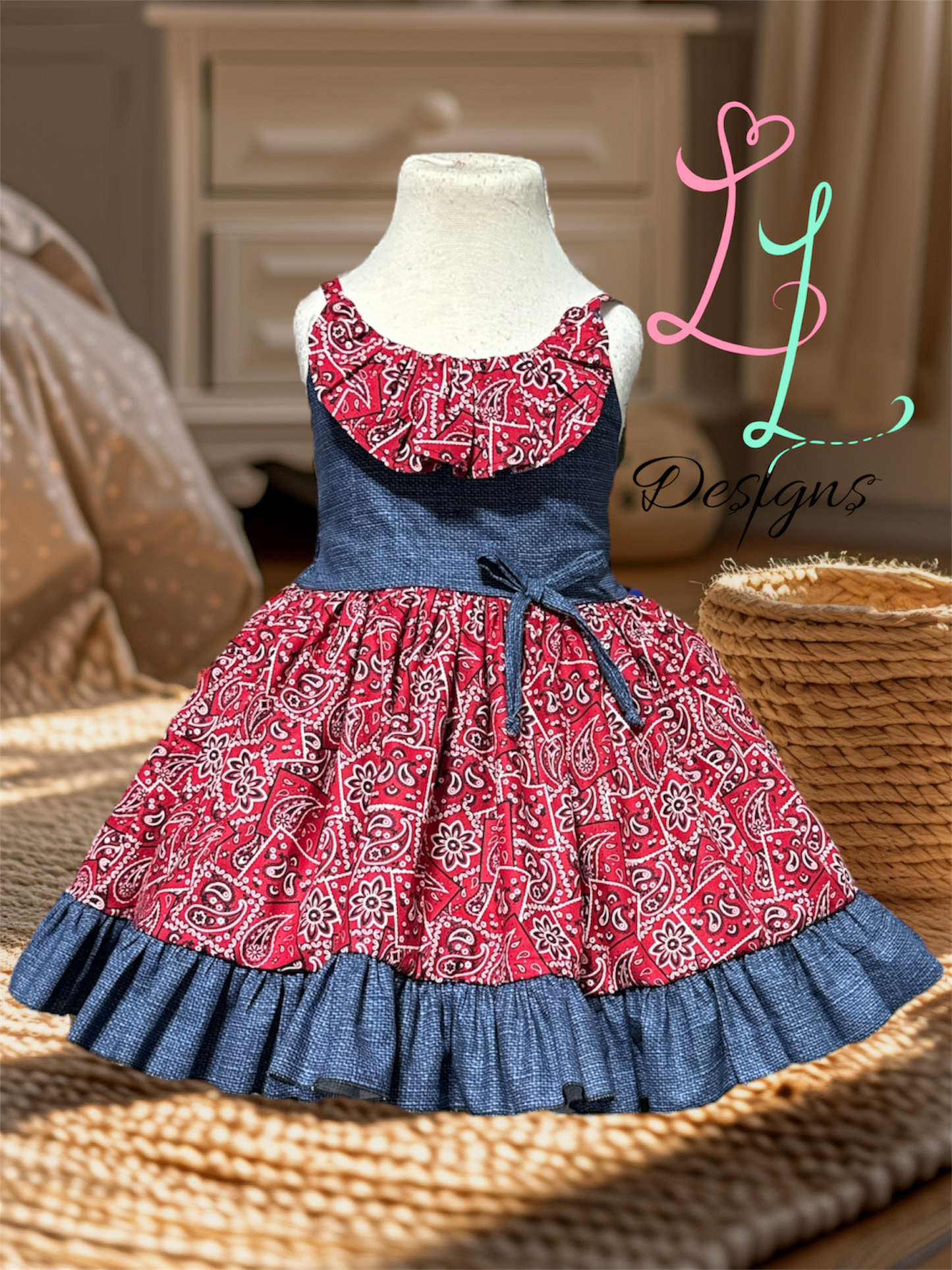 Girls Red Bandana Dress – Western Cowgirl Outfit – Denim Trim Boutique Clothing