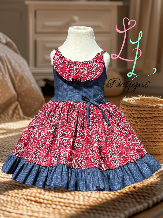 Girls Red Bandana Dress – Western Cowgirl Outfit – Denim Trim Boutique Clothing
