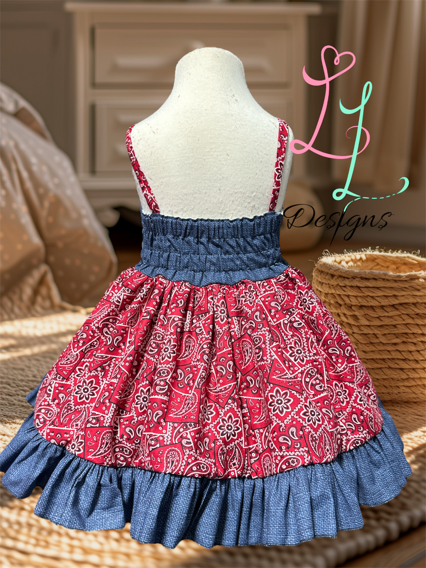 Girls Red Bandana Dress – Western Cowgirl Outfit – Denim Trim Boutique Clothing