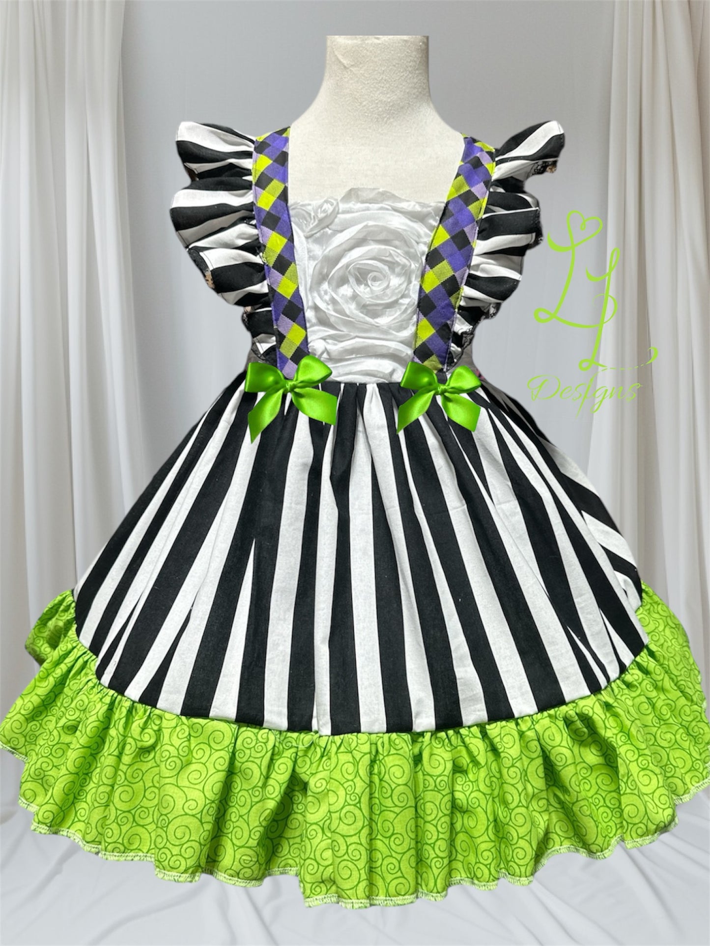 Gothic Stripe Toddler Dress: Halloween Costume Pinafore with Flutter Straps, Beetle Bop dress, Checkerboard Mischief