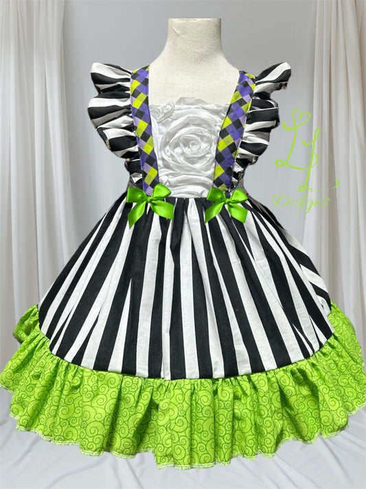 Gothic Stripe Toddler Dress: Halloween Costume Pinafore with Flutter Straps, Beetle Bop dress, Checkerboard Mischief