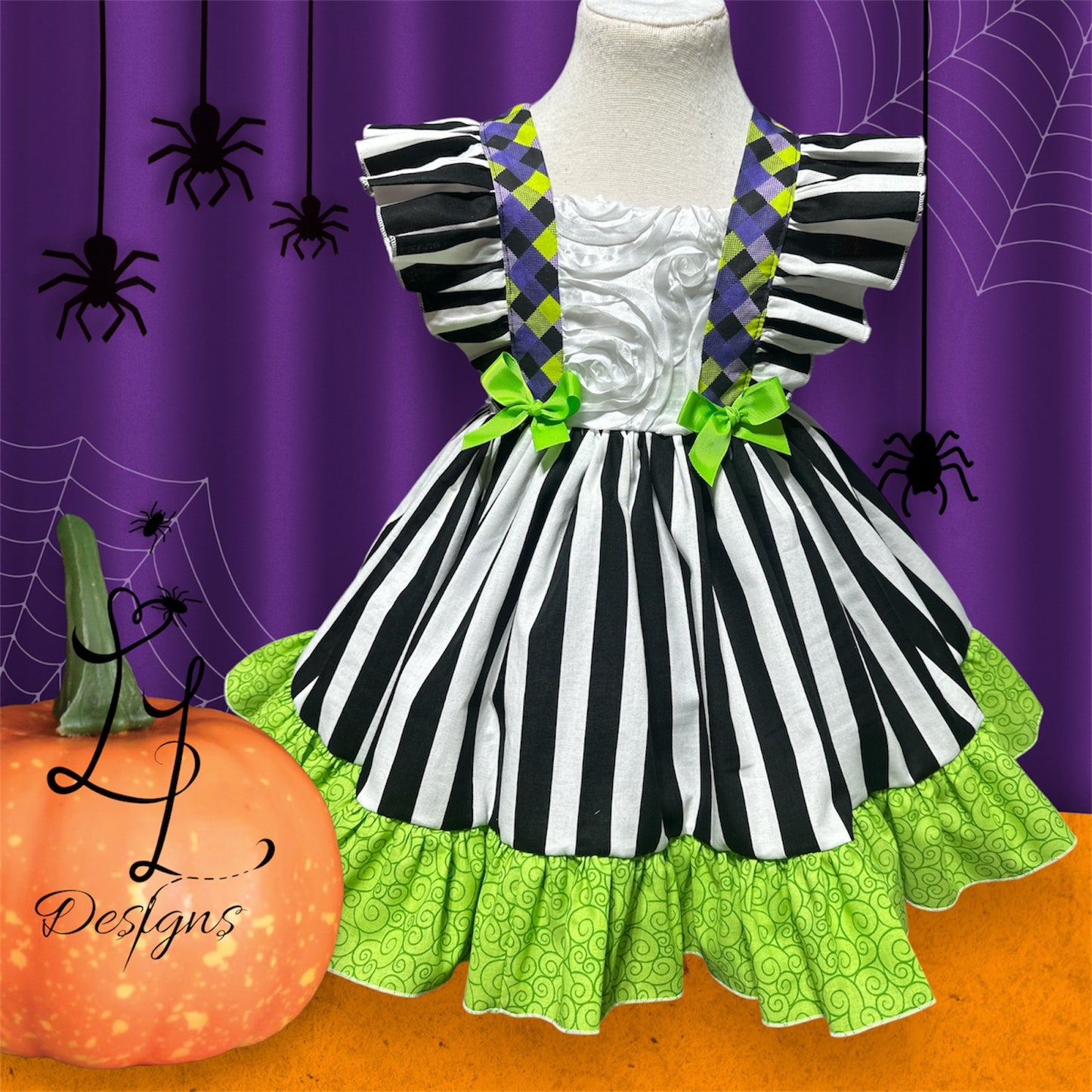 Gothic Stripe Toddler Dress: Halloween Costume Pinafore with Flutter Straps, Beetle Bop dress, Checkerboard Mischief