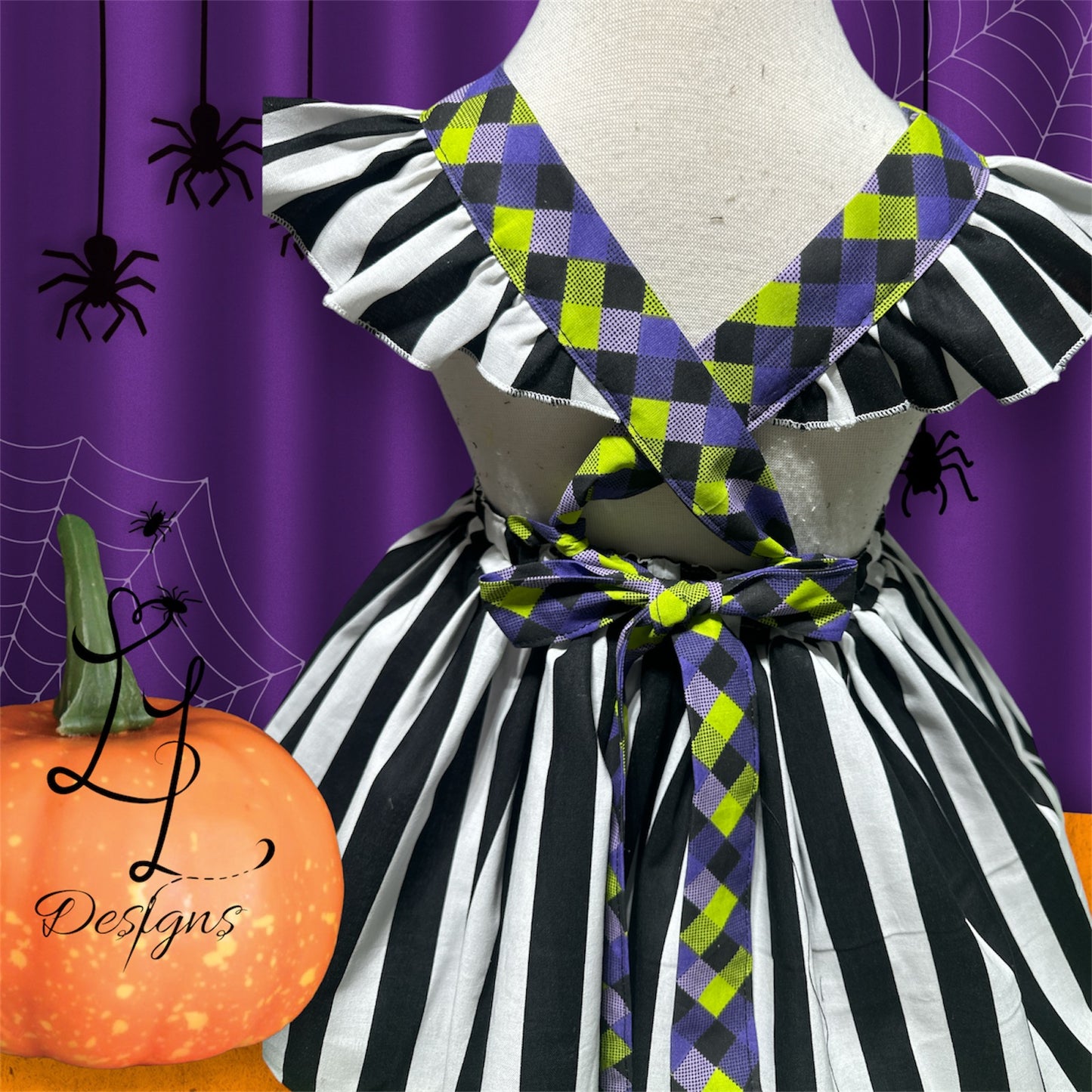 Gothic Stripe Toddler Dress: Halloween Costume Pinafore with Flutter Straps, Beetle Bop dress, Checkerboard Mischief