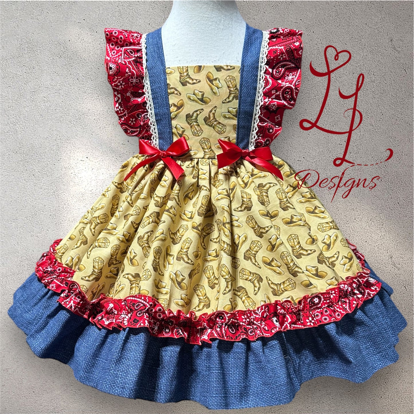 Western Cowgirl Dress – Bandana Ruffle & Cowboy Boot Print Outfit
