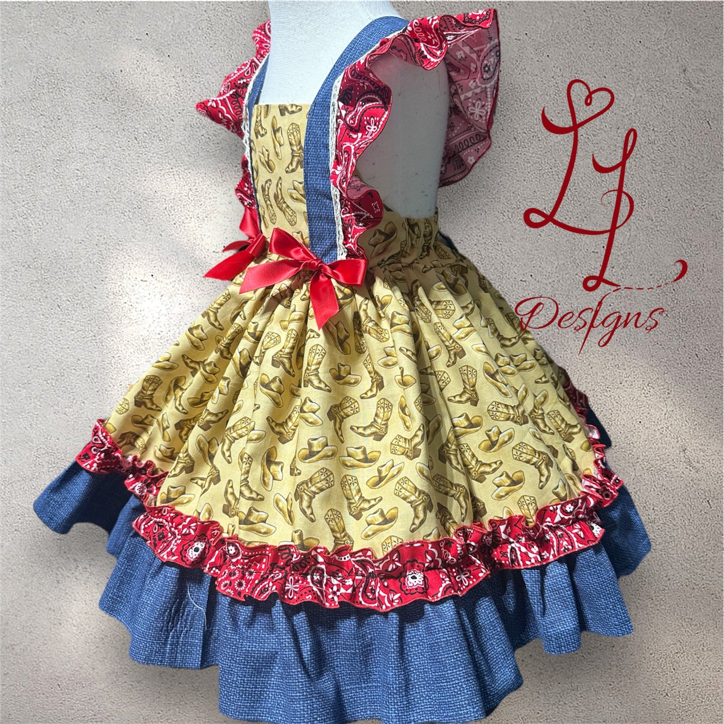 Western Cowgirl Dress – Bandana Ruffle & Cowboy Boot Print Outfit