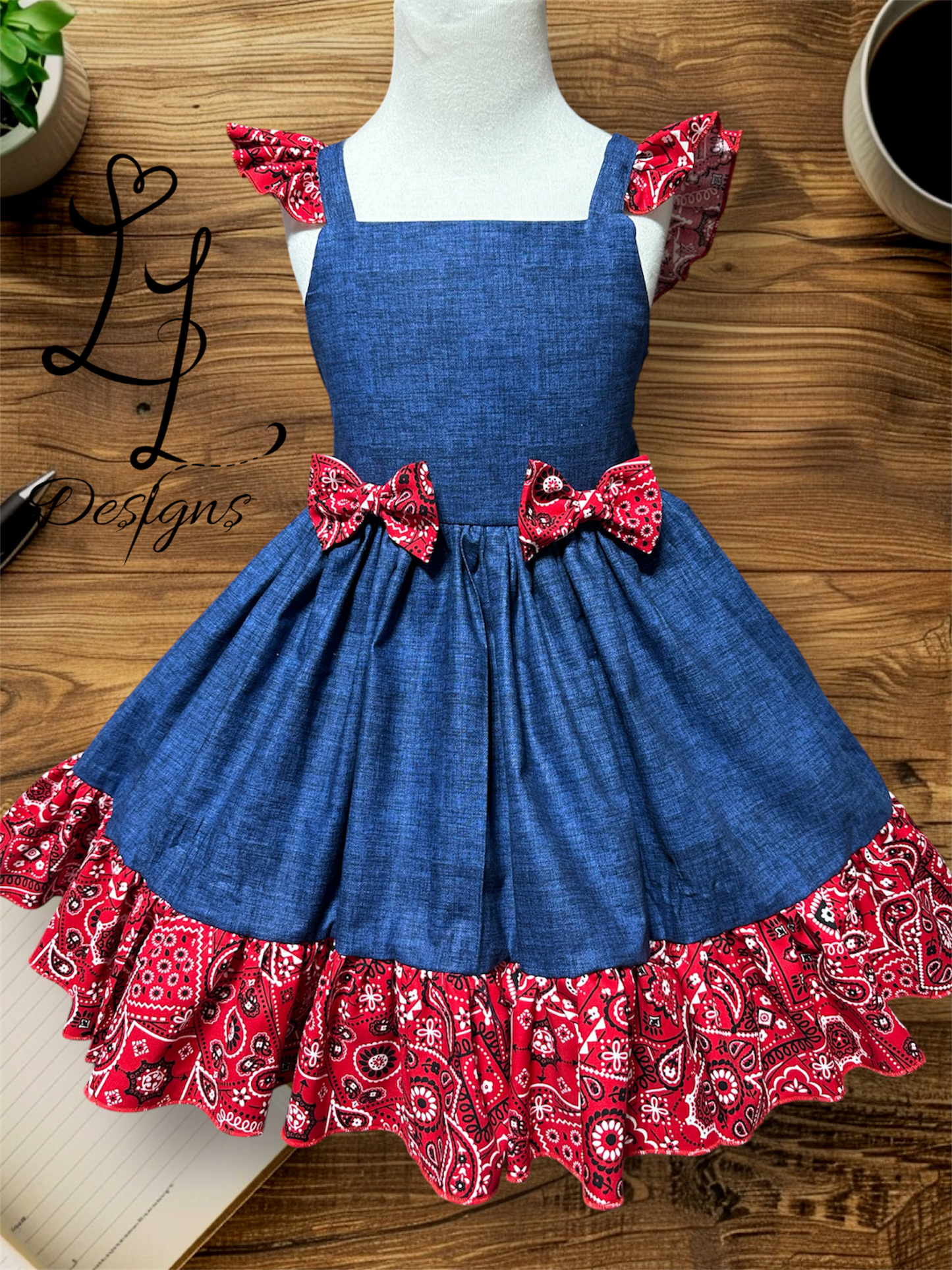 Girls Denim & Bandana Dress – Western Cowgirl Outfit – Red Paisley Ruffle Boutique Clothing