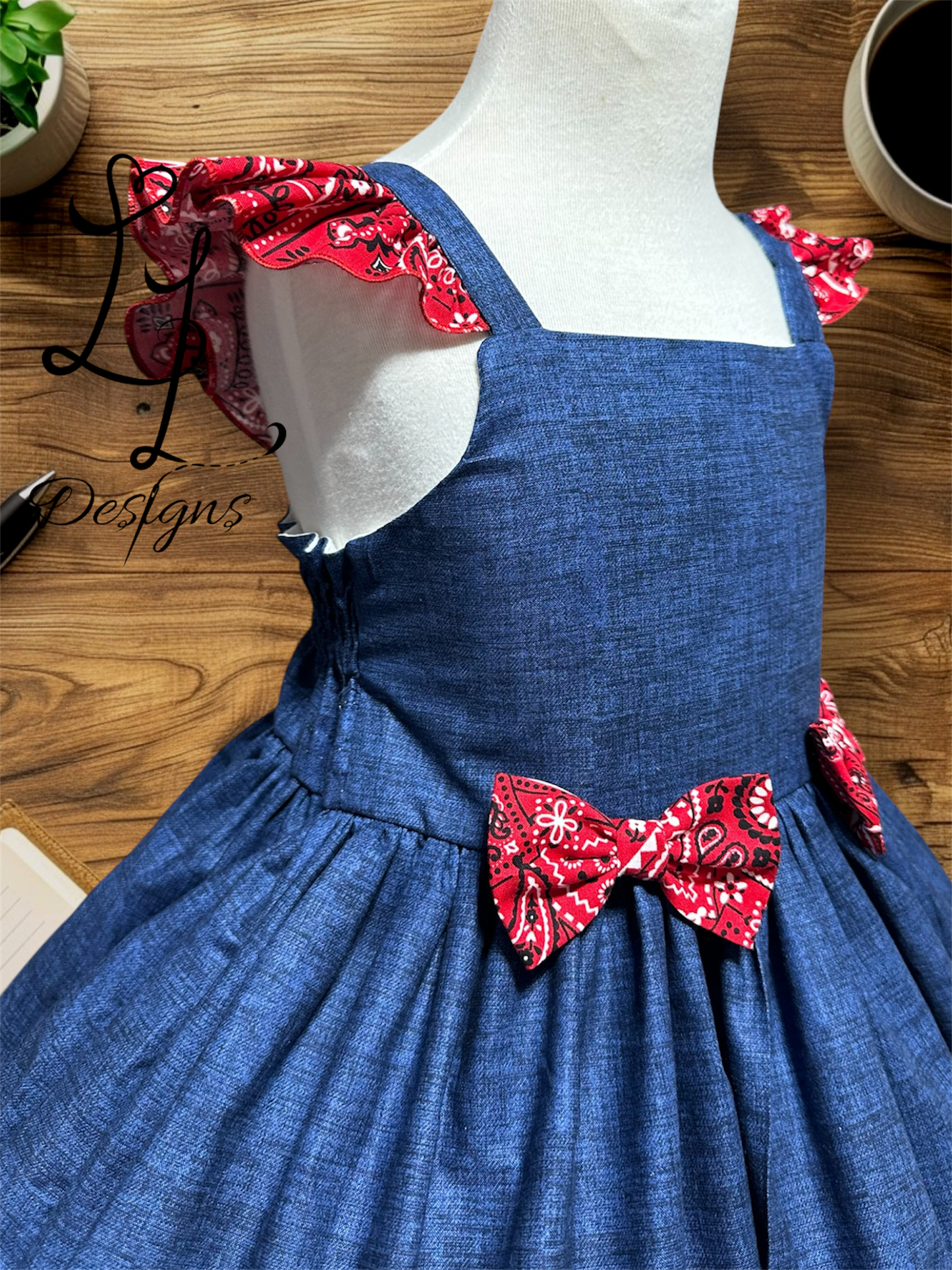 Girls Denim & Bandana Dress – Western Cowgirl Outfit – Red Paisley Ruffle Boutique Clothing