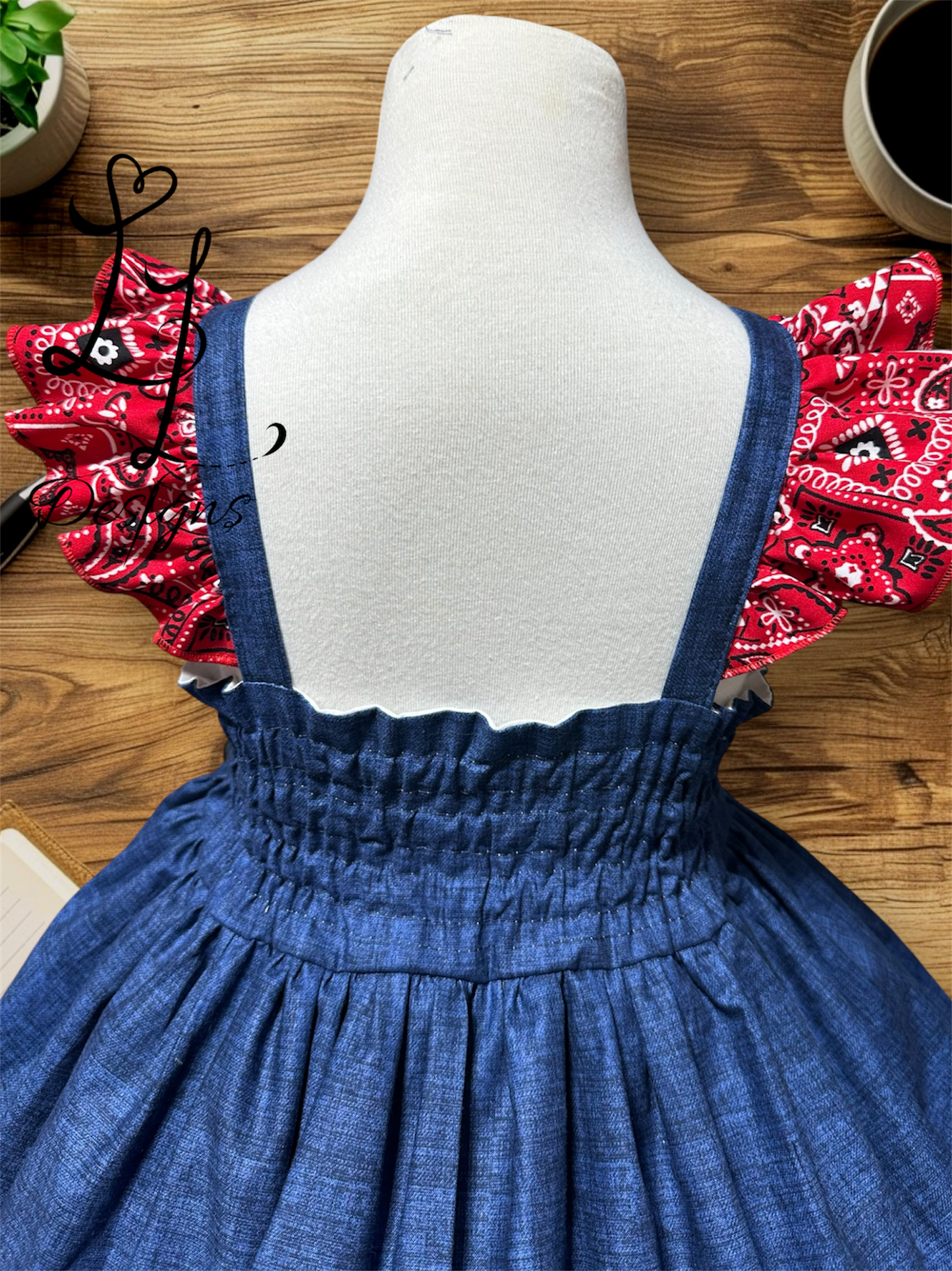 Girls Denim & Bandana Dress – Western Cowgirl Outfit – Red Paisley Ruffle Boutique Clothing