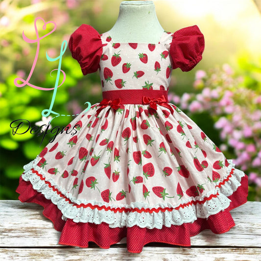 Strawberry Puff Sleeve Dress with Red Bow Back