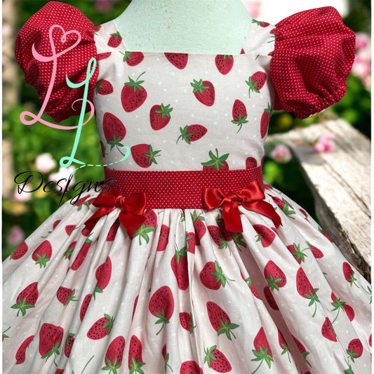 Strawberry Puff Sleeve Dress with Red Bow Back