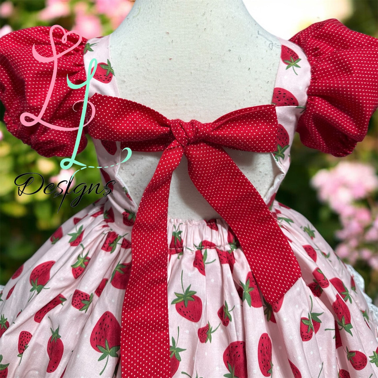 Strawberry Puff Sleeve Dress with Red Bow Back