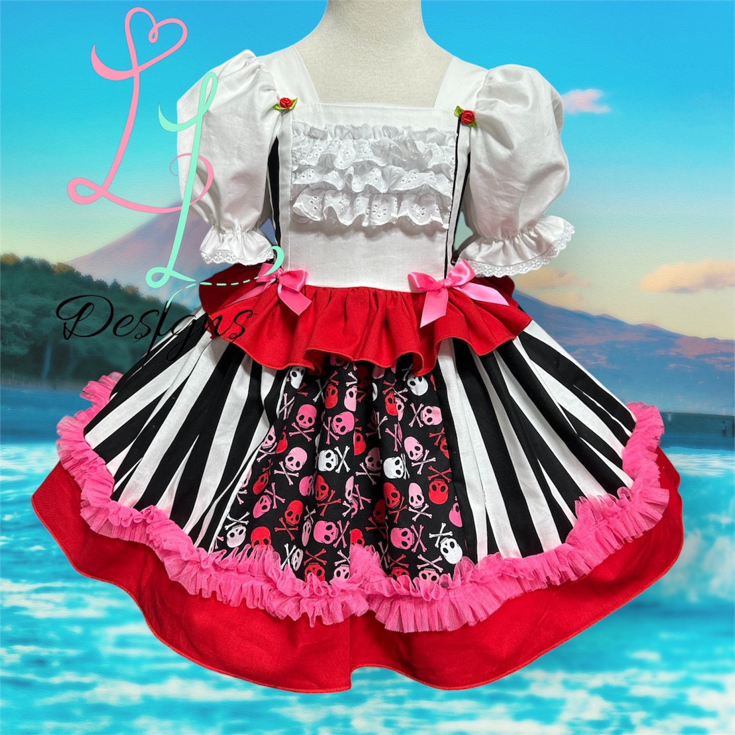 Girls Pirate Princess Dress – Pink Skull Stripes – Custom Handmade Boutique Outfit