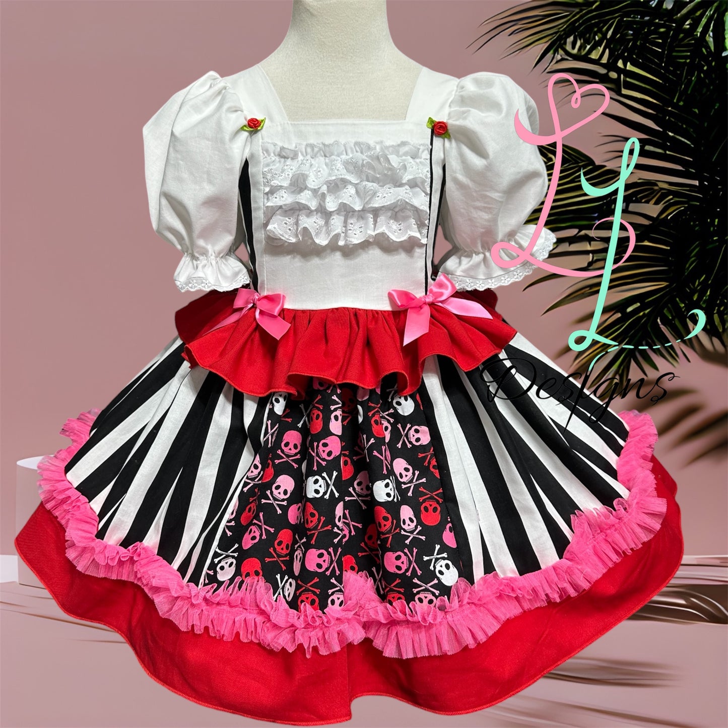 Girls Pirate Princess Dress – Pink Skull Stripes – Custom Handmade Boutique Outfit