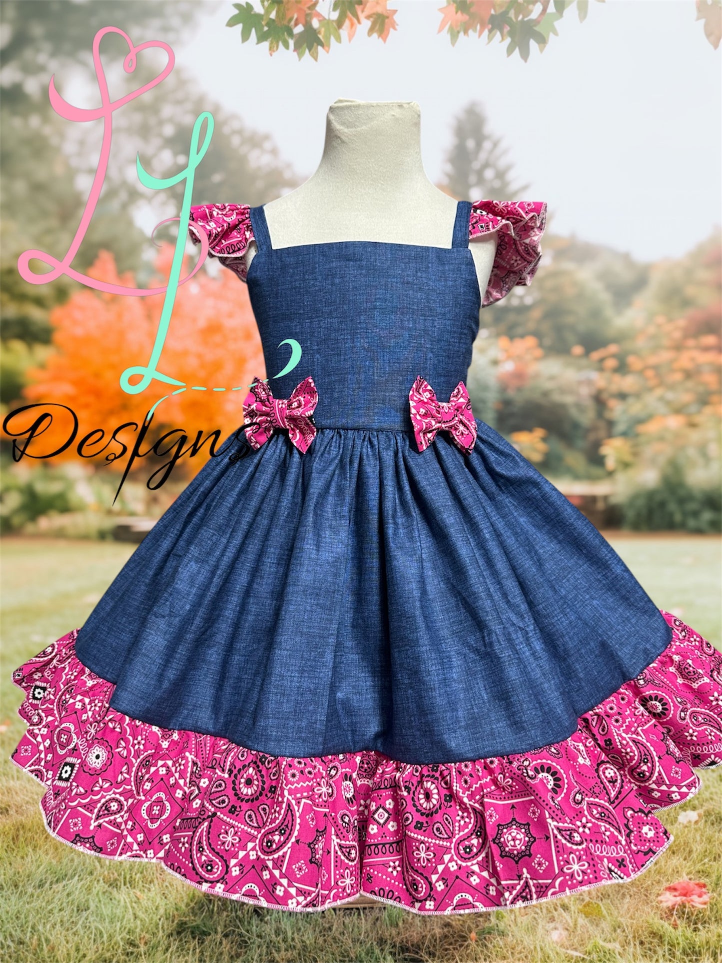 Girls Denim & Bandana Dress – Western Cowgirl Outfit – Pink Paisley Ruffle Boutique Clothing