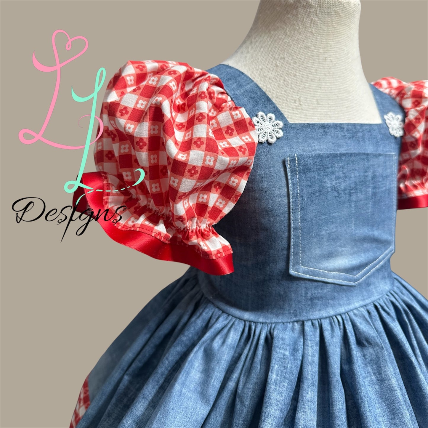 Western  Girls Denim Dress with Gingham Trim – Classic Country Style