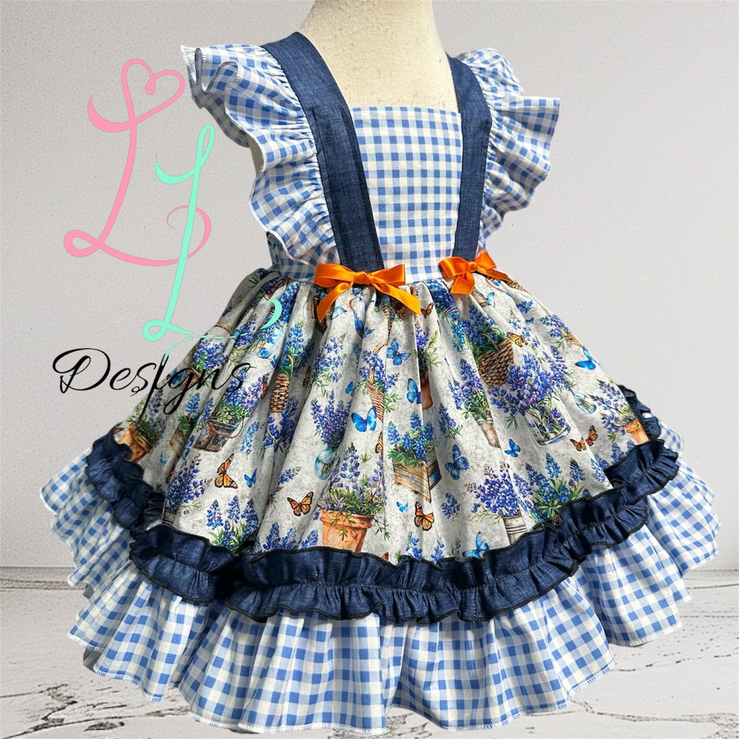 Bluebonnet Dress for Girls – Texas Wildflower Spring Outfit – Gingham Flutter Sleeve Boutique Clothing