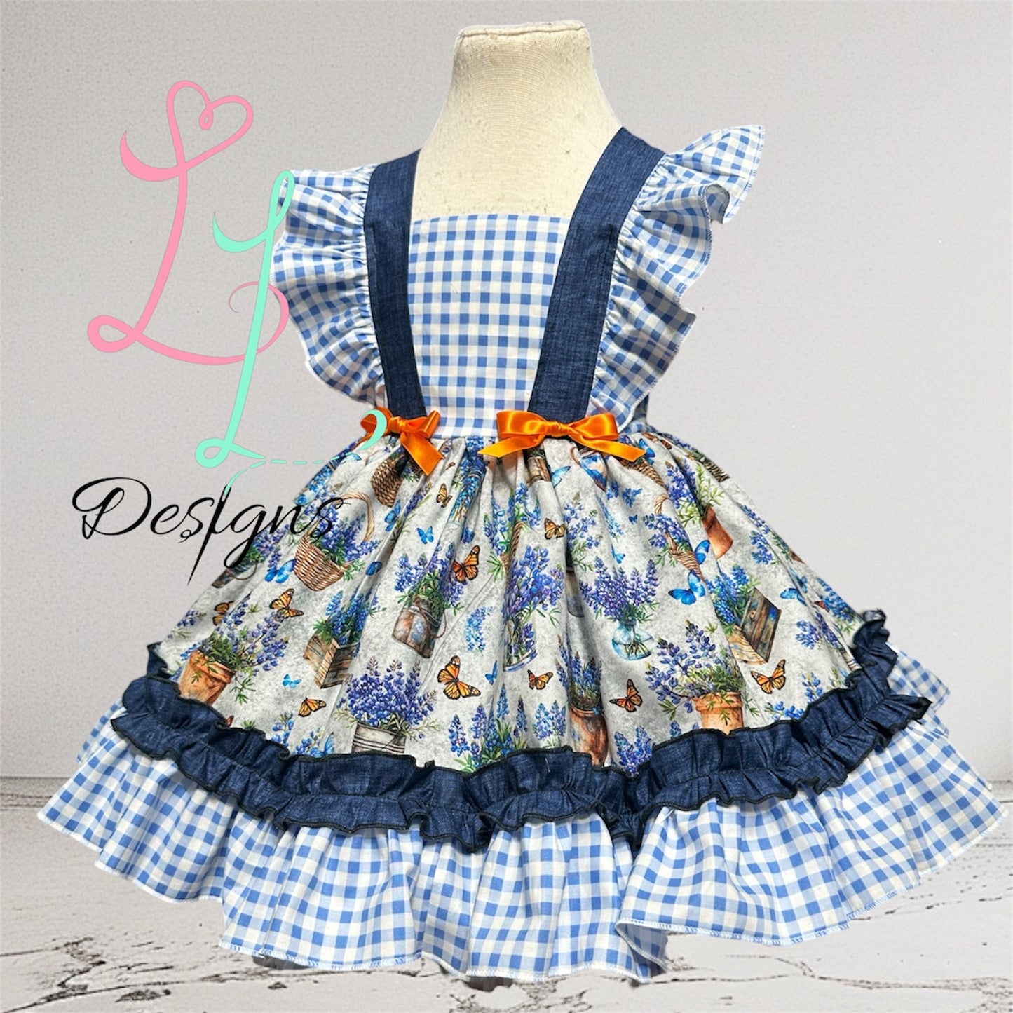 Bluebonnet Dress for Girls – Texas Wildflower Spring Outfit – Gingham Flutter Sleeve Boutique Clothing
