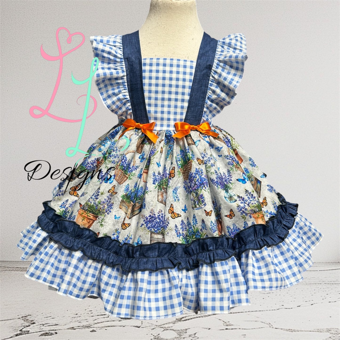 Bluebonnet Dress for Girls – Texas Wildflower Spring Outfit – Gingham Flutter Sleeve Boutique Clothing