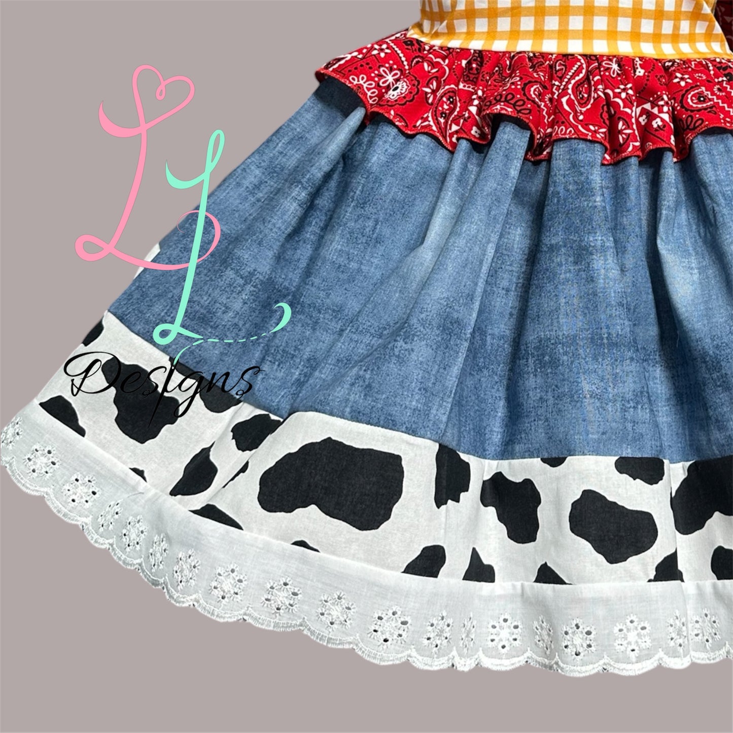 Western Cowgirl Boutique Dress – Yellow Bodice & Cow Print Skirt