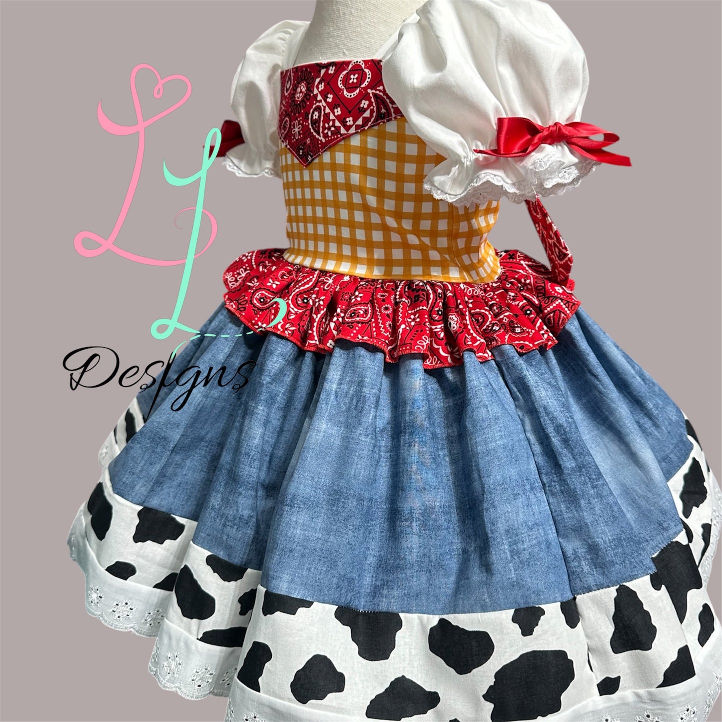 Western Cowgirl Boutique Dress – Yellow Bodice & Cow Print Skirt