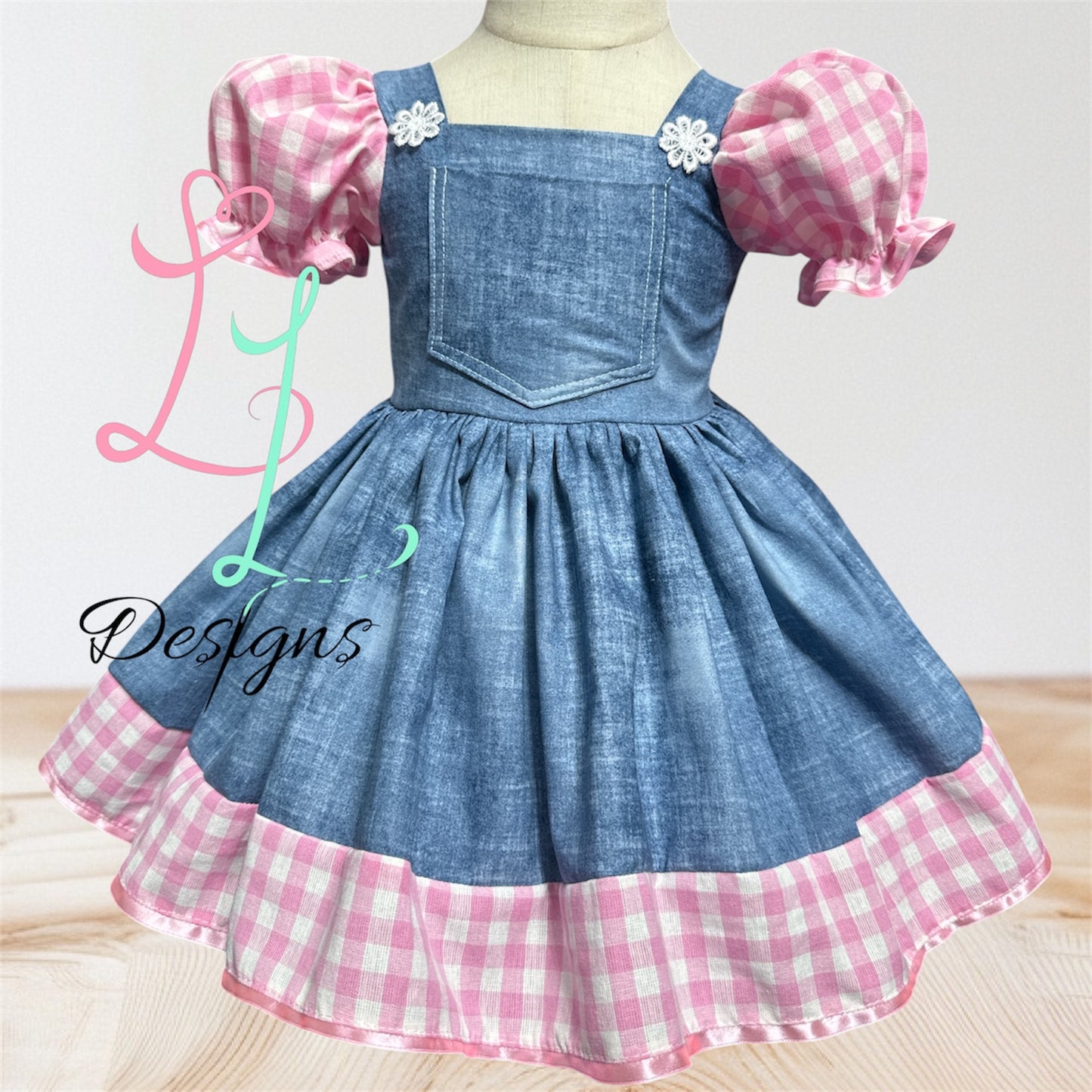 Western  Girls Denim Dress with Gingham Trim – Classic Country Style