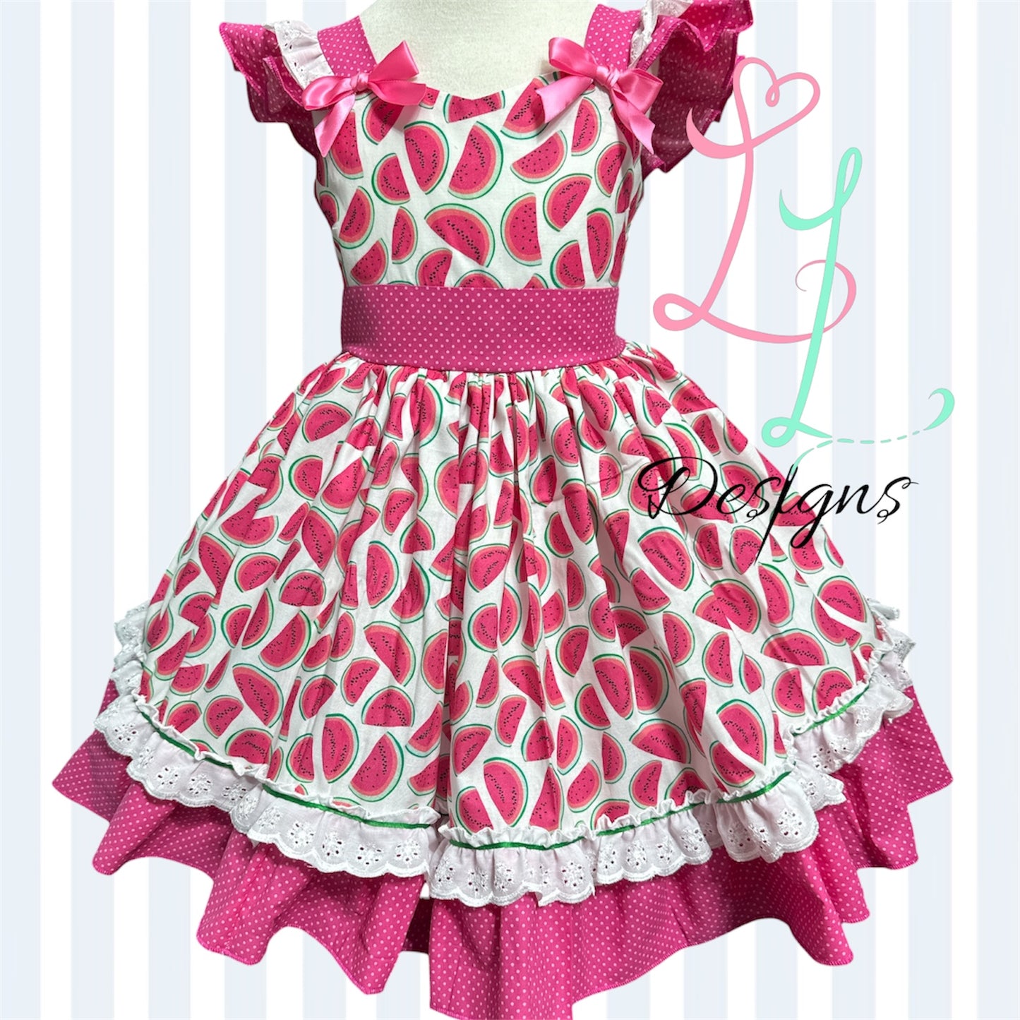 Watermelon Summer Dress for Girls – Pink Watermelon Print Twirl Dress with Lace Trim
