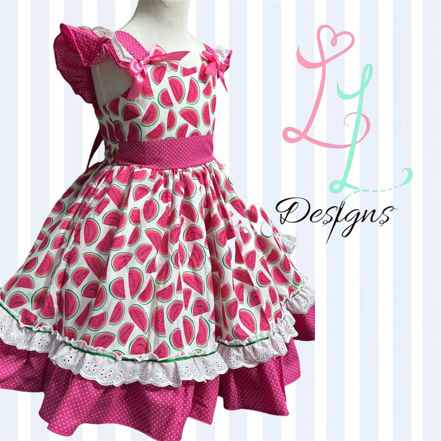 Watermelon Summer Dress for Girls – Pink Watermelon Print Twirl Dress with Lace Trim