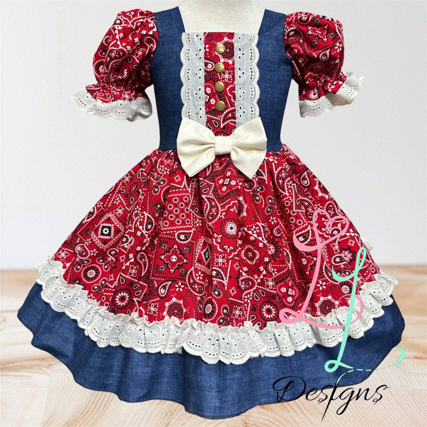 Blue Bandana Cowgirl Dress – Western Rodeo Outfit for Girls – Handmade Cotton Dress