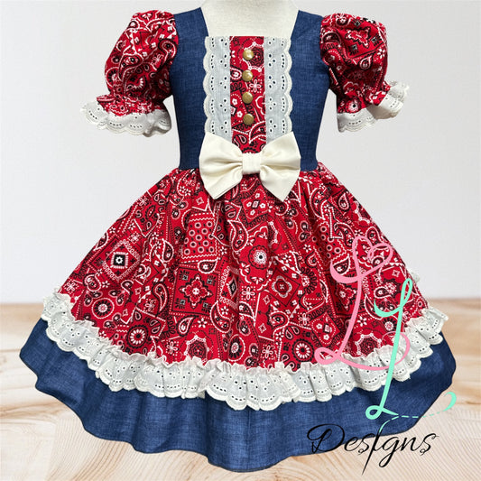 Blue Bandana Cowgirl Dress – Western Rodeo Outfit for Girls – Handmade Cotton Dress