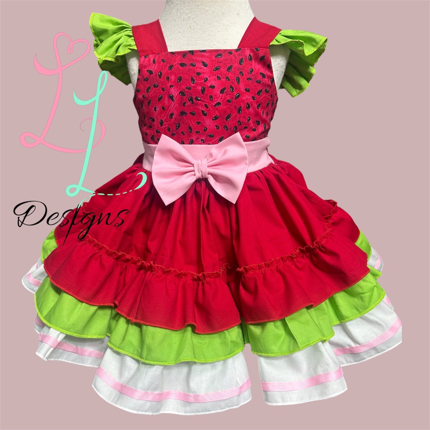 Girls Watermelon Summer Dress – Ruffle Skirt Fruit Outfit – Pink Bow Watermelon Dress