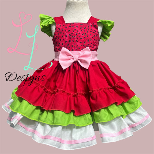 Girls Watermelon Summer Dress – Ruffle Skirt Fruit Outfit – Pink Bow Watermelon Dress