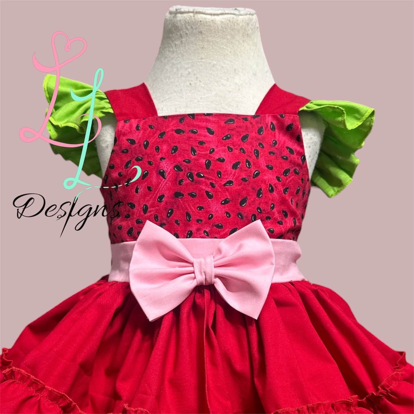 Girls Watermelon Summer Dress – Ruffle Skirt Fruit Outfit – Pink Bow Watermelon Dress
