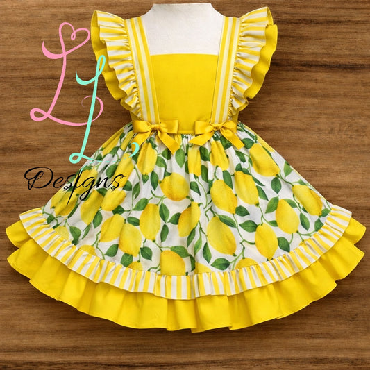Lemon Summer Dress – Yellow Bodice, Lemon Skirt, Ruffle Hem – Girls Boutique Outfit