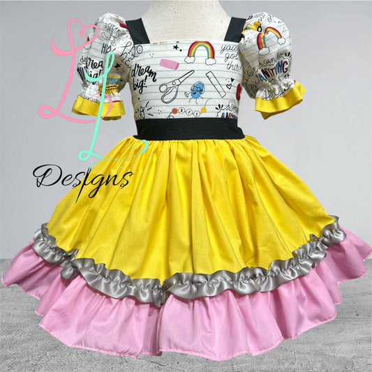 Notebook Paper Bodice Pencil Dress – Back‑to‑School Girls Outfit – Handmade Boutique