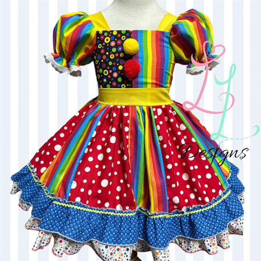 Rainbow Clown Boutique Dress – Circus Birthday Outfit – Polka Dot Party Dress for Girls