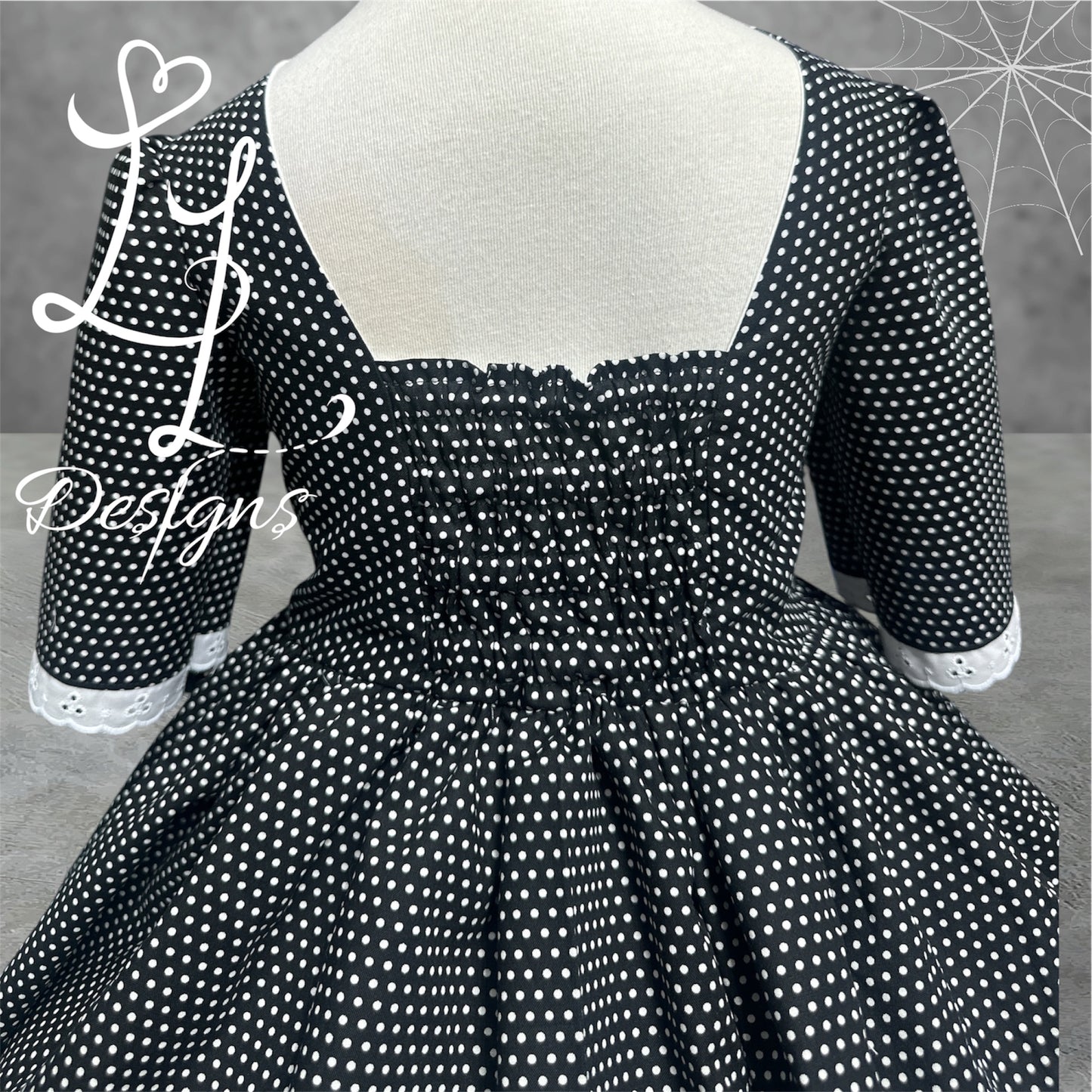 Wednesday Inspired Black Polka Dot Dress • Girls Vintage Collar Dress • Lace Trim Boutique Outfit