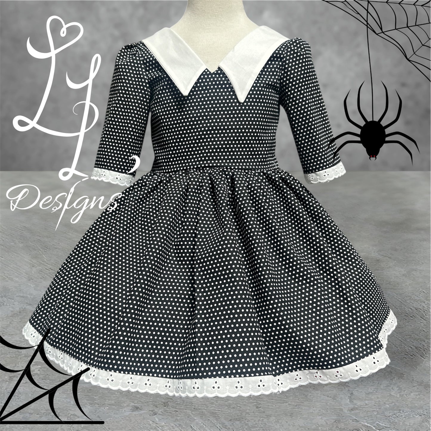 Wednesday Inspired Black Polka Dot Dress • Girls Vintage Collar Dress • Lace Trim Boutique Outfit