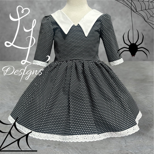 Wednesday Inspired Black Polka Dot Dress • Girls Vintage Collar Dress • Lace Trim Boutique Outfit