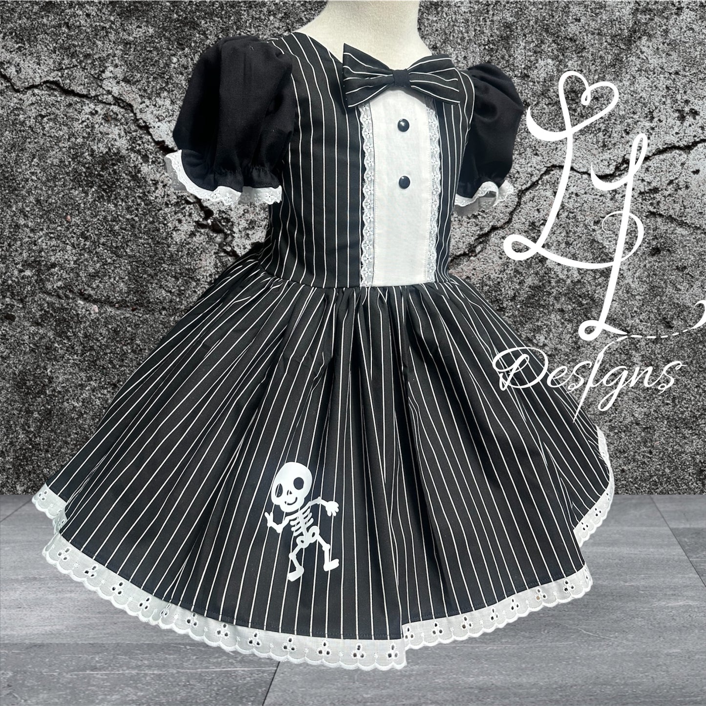 Girls Pinstripe Tuxedo Dress with Skeleton Skirt – Lace Puff Sleeves