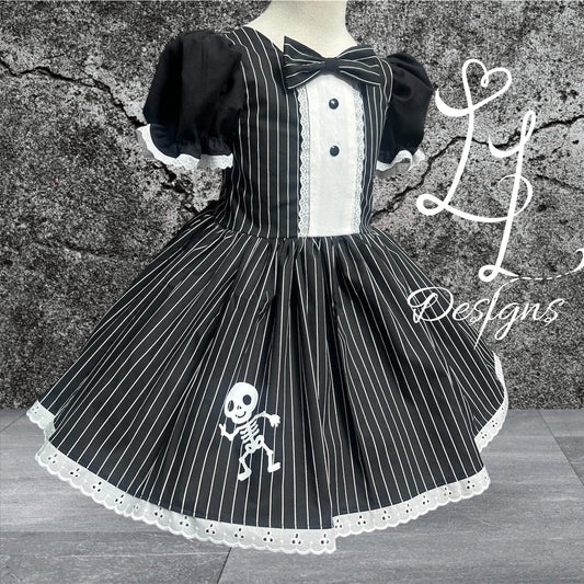 Girls Pinstripe Tuxedo Dress with Skeleton Skirt – Lace Puff Sleeves