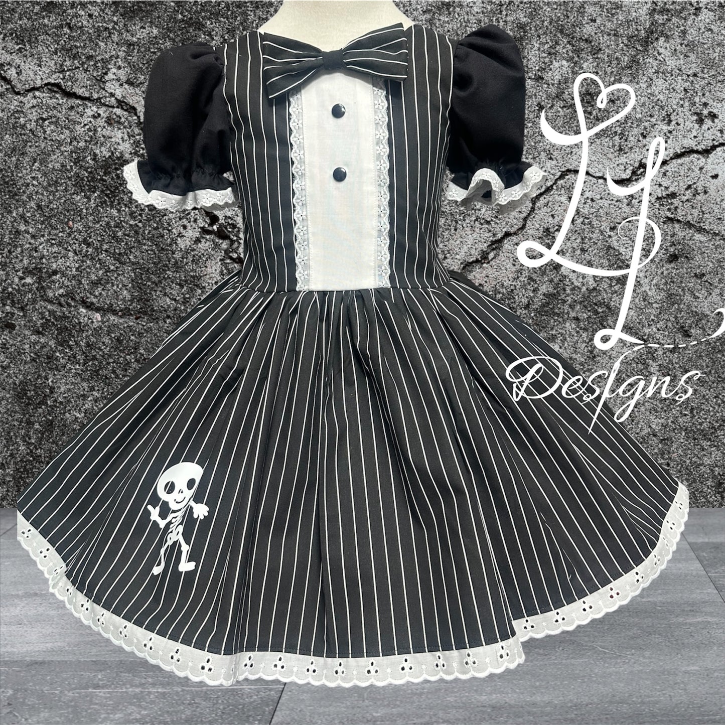 Girls Pinstripe Tuxedo Dress with Skeleton Skirt – Lace Puff Sleeves