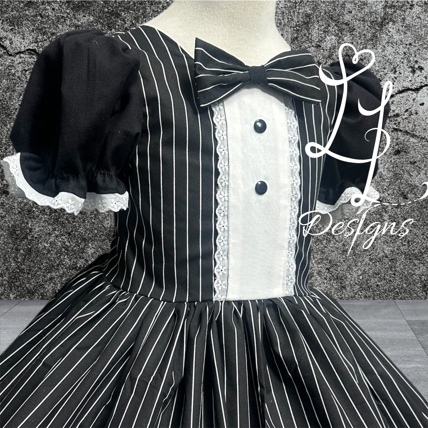 Girls Pinstripe Tuxedo Dress with Skeleton Skirt – Lace Puff Sleeves