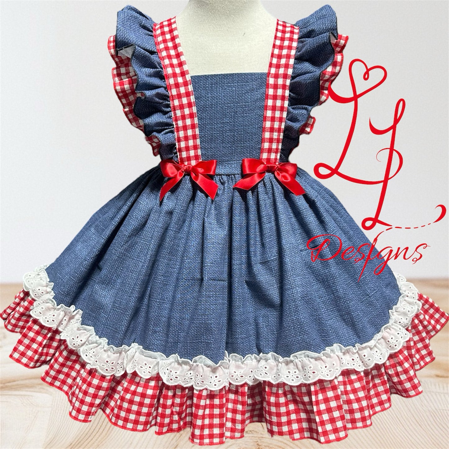 Denim color Rustic Cowgirl Dress with Gingham ruffles