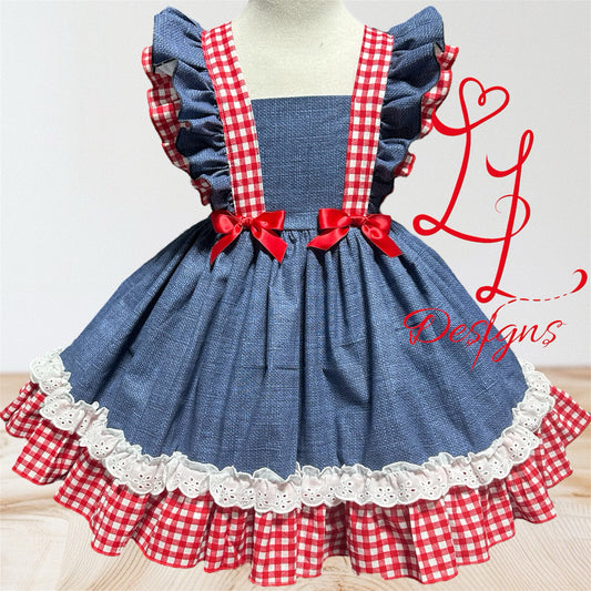 Denim color Rustic Cowgirl Dress with Gingham ruffles